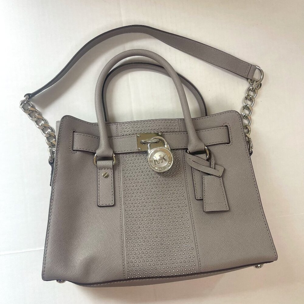 Michael Kors Hamilton EW Micro Stud Stripe Grey Leather Handbag